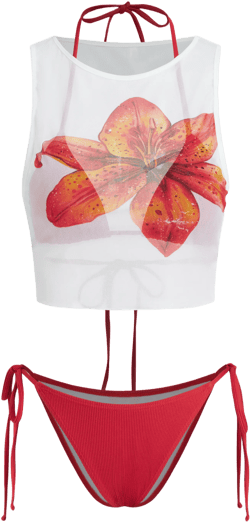 Knotted Triangle Tie Side Bikini Set & Flower Cover Up Top 