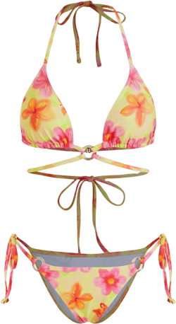 Halter Neckline Floral Knotted O-Ring Tie Side Bikini Set