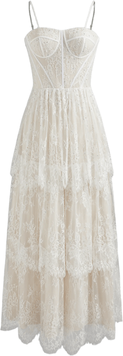 Lace Sweetheart Floral Tiered Tulle Maxi Dress