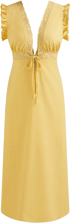 V-neck Solid Knotted Lettuce Trim Split Midi Dress