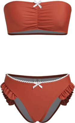 Bowknot Lettuce Trim Bandeau Bikini Set