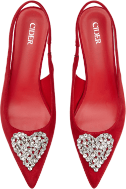 RHINESTONE & HEART POINT TOE SLINGBACK VELVET HEELS
