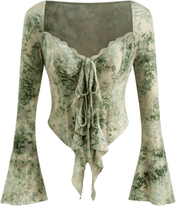 Sweetheart Floral Lace Knotted Ruffle Long Bell Sleeve Top