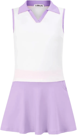 Kids Girls Tennis Golf Dress Outfit Sleeveless Dress with Pockets Athletic Skorts and Polo Tank Top Sets White & Purple 5-6Years