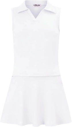 Kids Girls Tennis Golf Dress Outfit Sleeveless Dress with Pockets Athletic Skorts and Polo Tank Top Sets White 5-6Years