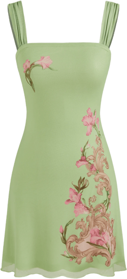 Mesh Square Neck Floral Mini Dress