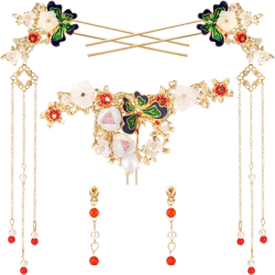 5PCS Butterfly Peony Tassels Hairpin, Crystal Rhinestone Pearl Hair Clips Headpiece Retro Flower Chinese Hanfu Wedding Brides Hair Accessories Jewelry for Women Girls Updo Long Hair