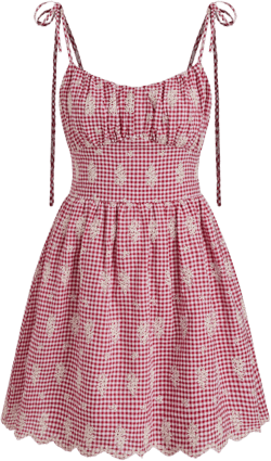 Cotton-blend U-neckline Gingham Floral Shirred Knotted Mini Dress