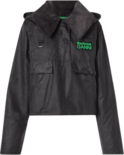 Barbour Women's Black Ganni Corduroy-Trimmed Checked Waxed-Organic Cotton Jacket