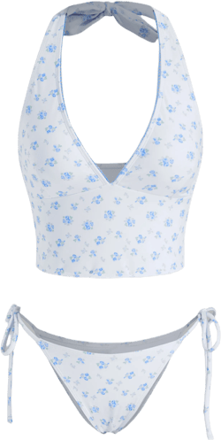 Halter Neckline Floral Tankini Tie Side Bikini Set