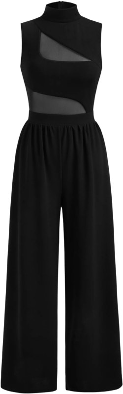 High Neck Solid Cut Out Patched Wide Leg Jumpsuit