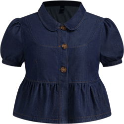 Denim Peter Pan Collar Ruffle Hem Puff Sleeve Blouse Curve & Plus