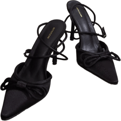 Black Satin Bow Detail Mid Heeled Courts