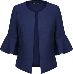 Cropped Blazers for Women Casual Elegant Open Front Collarless Blazer Flared 3/4 Sleeve Cardigan Suit Jacket Navy Blue XX-Large