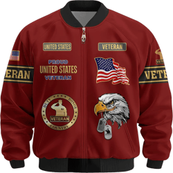 Veterans Jackets Military Bomber Jacket Men Patriotic Jacket Veteran Gifts Veterans Coat Mens Winter Jacket Veteran One Size Red