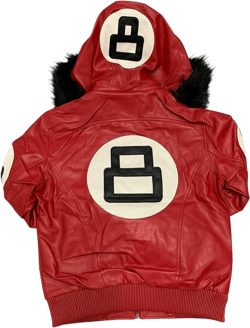 Hifa Men's Authentic 8 Ball Logo Pool Billiard Cue Bomber 90's Retro PU Faux Leather Jacket With Fur Hood 3X-Large Red