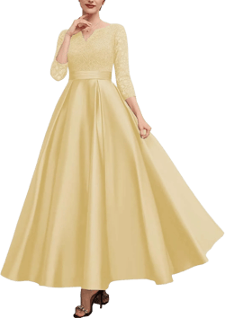 NABN Mother of The Bride Dresses with Sleeves Lace Wedding Guest Dresses for Women Satin Formal Evening Gowns V Neck 076 14 Yellow