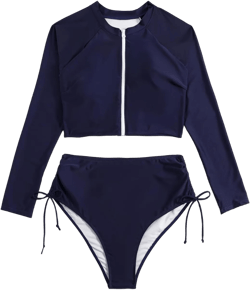 Floerns Women's Plus Size Zipper Front Long Sleeve Rashguard Swimsuit Navy Blue 1XL
