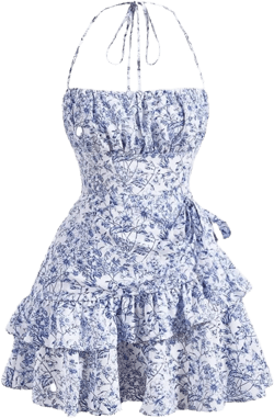 SOLY HUX Women's Summer Halter Dresses Boho Floral Sundress Ruffle Flowy Mini Dress Coquette Birthday Dresses Large Blue and White