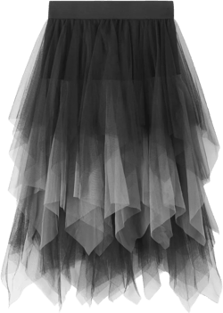 Tulle Skirt for Women Asymmetrical Pleated Tutu Midi Skirt Casual Cocktail Party Beach Elastic Waist Mesh Layered Skirts One Size Black Gray