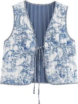 Women's Floral Quilted Puffer Vest Lightweight Sleeveless Open Front Cropped Padded Outwear Vest(BlueWhite-S)