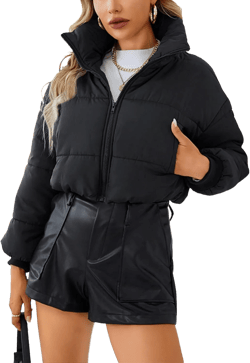 Womens Lightweight Cropped Puffer Jacket Warm Zipper Stand Collar Quilted Short Down Coats Black X-Large