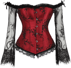 HNGHOU Women's Renaissance Princess Corset Off Shoulder Overbust Corset Lace Elegant Overbust Bustier Corset Top Long Sleeves / Red 4X-Large