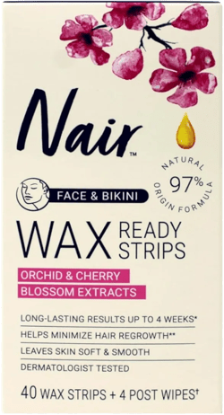Nair Face and Bikini Wax Strips, Orchid & Cherry Blossom Extracts, Long Lasting Up to 4 Weeks, Minimizes Hair Regrowth, Soft & Smooth Skin, 40 Strips + 4 Wipes (Pack of 3)