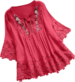 Plus Size Blouse Women Vintage Lace Patchwork Bow V-Neck Embroidery Summer Three Quarter Retro Solid Tops T-Shirt 2024 4#watermelon Red 5X-Large