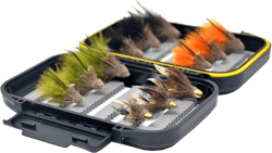 Outdoor Planet Go-to Dry Fly, Wet Fly, Nymph and Streamer Fly Lure Assotment + Waterproof Fly Box for Trout Fly Fishing Flies 12 Muddler Minnow + Black Waterproof Box