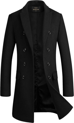 Men's Premium Wool Blend Double Breasted Long Pea Coat Medium Black