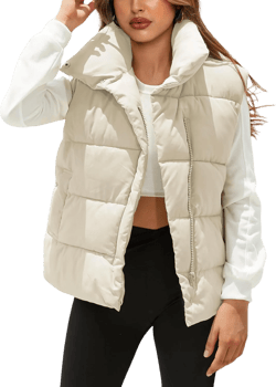 Fiona Jolin Puffer Vest Women Lightweight Winter Zip Up Stand Collar Sleeveless Puffy Jackets Padded Coats Small White