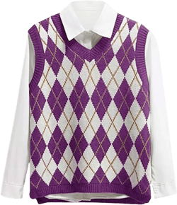 Lailezou Women's V Neck Knit Sweater Vest Argyle Plaid Preppy Style Sleeveless Crop Knitwear Tank Small Purple