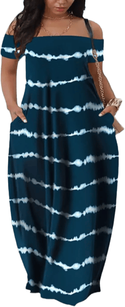 Women's 3D Print Off Shoulder Camouflage Boho Maxi Dress Summer Beach Long Dresses Large Blue Stripes