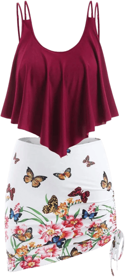 Rosegal Plus Size Women 3 Piece Tankini Swimsuit Butterfly Floral Print Flounce Overlay Bathing Suit Swimwear