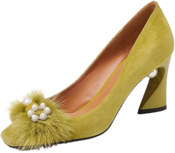 Suede Leather Women's Square Toe Chunky Heels Vintage Floral Handmade Dress Pump Shoes with Fur Pearl 9.5 Yellow