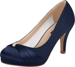 ERIJUNOR Women Comfortable Mid Heel Pumps Closed Toe Rhinestones Brooch Satin Evening Prom Wedding Shoes 7.5 Navy