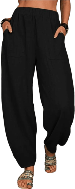 ZOCAVIA Women's Cotton Linen Harem Pants Casual Loose Fit Elastic High Waist Pants Lightweight Baggy Linen Wide Leg Trousers Medium Black
