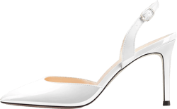 HEUIVZAR Pumps For Women Ankle Strap Slingback Two-Piece Pointed Toe Stiletto High Heel Pumps Patent Shopping 3 Inch 10.5 White