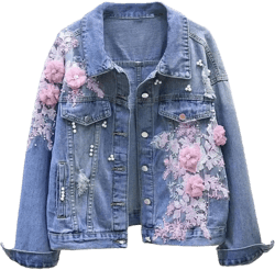 SaoBiiu Women Denim Jacket Short Embroidery Spring Autumn Applique Diamond Holes Coat Loose Student Jean Outerwear Small Pink Flower