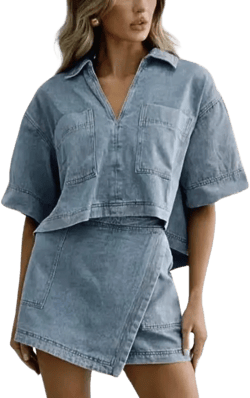 Women's Denim 2 Piece Outfits Summer Lapel V Neck Crop Top High Waisted Jean Mini Skirt Shorts Set with Pockets