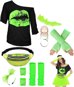 WILDPARTY 80s Costume Accessories for Women, T-Shirt Tutu Fanny Pack Headband Earring Necklace Fishnet Gloves Legwarmers Small Green