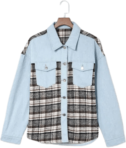 Plaid Pocketed Button Up Denim Jacket