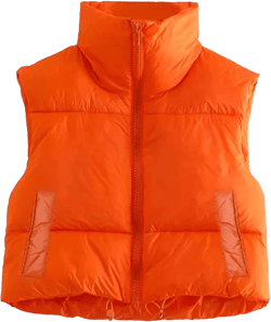 Women Winter Warm Solid Color Crop Waistcoat Sleeveless Lightweight Stand Collar Double Sided Jacket Puffer Vest (Orange, Small)