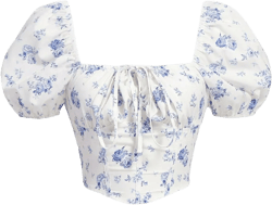 Verdusa Women's Floral Print Short Puff Sleeve Bow Front Asymmetrical Hem Crop Blouse Top X-Large Blue