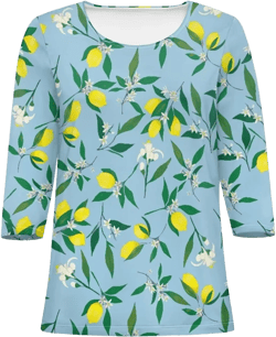 TODIYADDU Womens 3/4 Sleeve Tops with Exquisite Prints Long Sleeve T-Shirts Casual Tunic Tops Trendy Blouse for Girls Clothes Yellow Lemon Floral Leaves Large