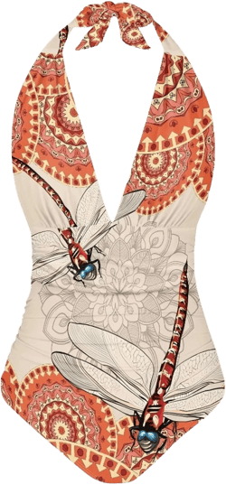 Dolyues Women's One Piece Swimsuit Halter Backless Ruched Tummy Control Bathing Suit Sexy V-Neck Swimwear S-3XL XX-Large Dragonfly