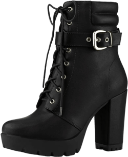 Allegra K Women's Platform Solid Buckle Lace Up Block Heel Ankle Boot Black 7