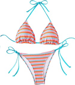 SHENHE Women's 2 Piece Swimsuit Floral Print Halter Tie Side Triangle Bikini Set X-Small Blue Pink Orange Stripped