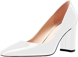 NobleOnly Women High Chunky Block Heel Square Close Toe Slip-on Pumps Classic Cute Dress Shoes 3.3 Inches Heels 7 White Patent